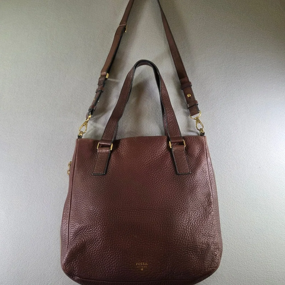Fossil Preston Explorer Zip Around  Brown Pebbled Leather Tote Crossbody Bag